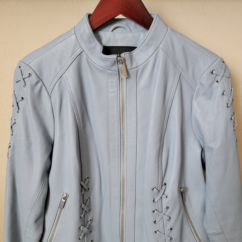 Neiman Marcus Light Blue Leather Lace-Up Moto Leather Jacket - Picture 4 of 16
